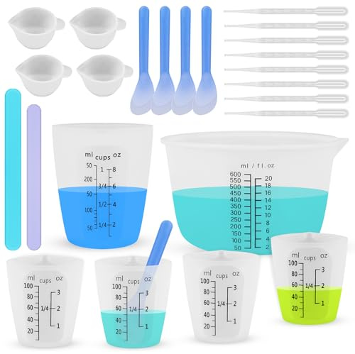 SWIGRANCE Silicone Resin Mixing Measuring Cups for Resin Supplies, Easy-to-read Marks, 600ml/20oz Bowl, 250&100ml Thickened Reusable Silicone Cups for Epoxy Mixing, with Stir Sticks, Jewelry Making
