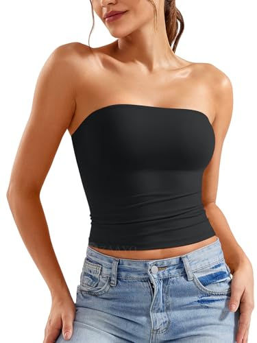 ZAAYO Top da donna senza spalline, a tubino, con scollo a bandeau, Y2K, Slim Fit, Crop Top, sexy, per l'estate, doppio strato, canottiera, Nero , L