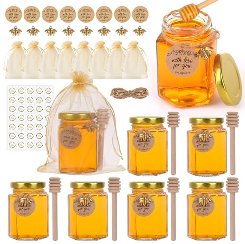 SZUAH 8 Pack 4 oz Mini Honey Jars with Dipper, Glass Hexagon Honey Jar for Wedding Favors, Empty Glass Jars for Party Favor