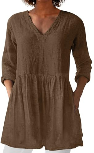 Ladies Plus Size Tops 22/24 Clearance Women Summer Tops with Pockets Linen 3/4 Sleeve V Neck Tunic Top Cotton Linen Casual T-Shirt Oversized Long Swing Blouse Shirts Ladies Clothes Tee