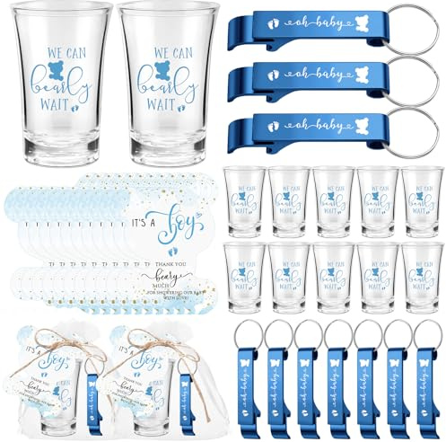 Blushtier 25 Sets Baby Shower Party Favor Shot Glasses Cute Bottle Opener Keychains Thank You Tags and Bags Baby Shower Favors Gender Reveal Party Guests Return Gift (Blue,Bear Boy)
