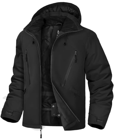 GEMYSE Chaqueta de Esquí para Hombre Abrigo de Invierno Impermeable y Cortaviento con Capucha y Múltiples Bolsillos Cálido para Snowboard Montaña(Negro,L)