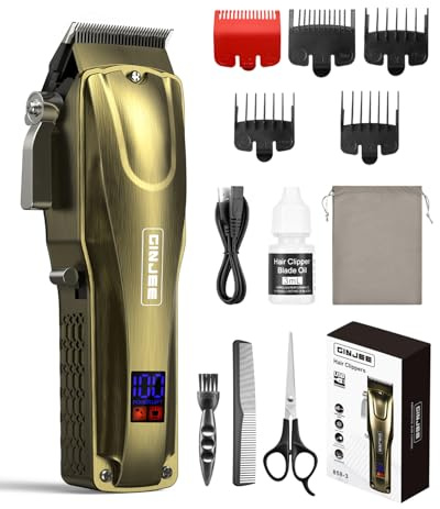 GinJee Hair Clippers for Men, Cordless & Corded Barber Clipper with 5Hrs Runtime, 7000RPM Rotary Motor & LED Display, Waterproof Professional Hair Cutting Kit for Men and Home Use (Gold)