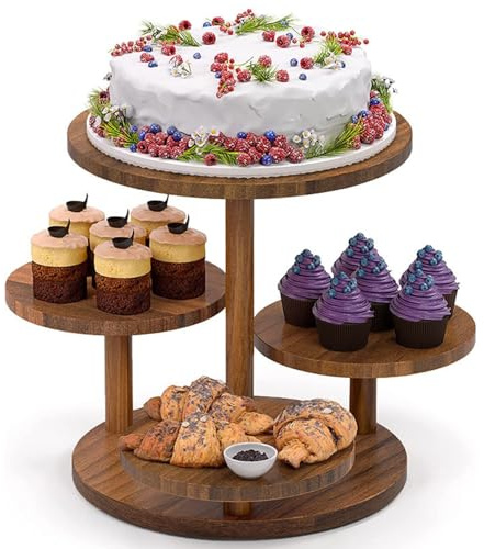 RATSTONE Alzata Per Cupcake a 4 Ripiani In Legno,Supporto Per Cupcake Da Dessert,Usato Come Fruttiera a Piani o Vassoio,Per Feste,Matrimoni,Sagre,Tè Pomeridiano ,Feste a Casa(Marrone,Rotondo)