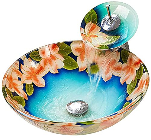 IYUESQ Lavabo artístico de baño, Lavabo de Vidrio Templado con Grifo de Cascada, Lavabo de encimera Redondo, para remodelación de baño, A