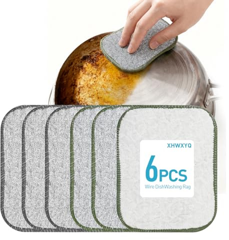 XHWXYQ New Upgrade Non Scratch Wire Dishcloth, Multipurpose Wire Dishwashing Rags for Kitchen, Wet and Dry, Sinks, Cookware, Stove, Easy Rinsing, Reusable (6pcs, Small)