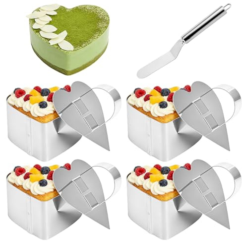 Liuliushun 4 stycken tårtringar, dessertringar, serveringsringar i rostfritt stål, matdekorationer, bakringar med lock, för dessert mousse kaka bakverk baktillbehör, med skrapa (hjärtformad, 8,5 x 7,7