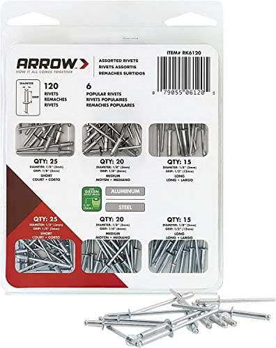 Arrow RK6120 Pop Rivet Assortment Kit for Metal, Fabric, Leather, and Auto Repair, Aluminum and Steel, 1/8-Inch, 120-Pack