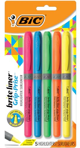 BIC Brite Liner Grip Highlighter, Chisel Tip, Assorted Colors, 5-Count