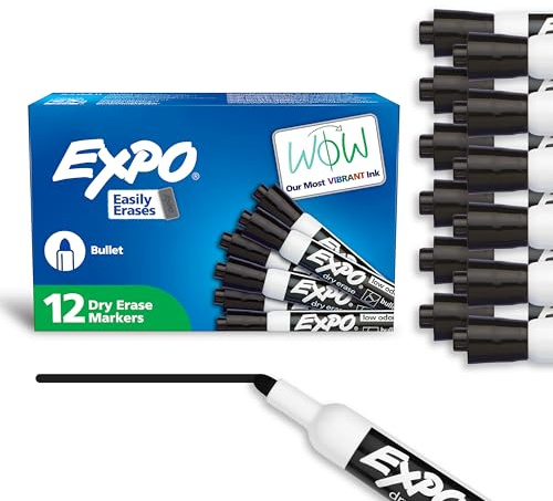 EXPO Dry Erase Markers, Low Odor Ink, Black, Bullet Tip, 12 Count - Whiteboard, Calendar, Organization, Essential Supplies for Office, School, Classroom, Teachers