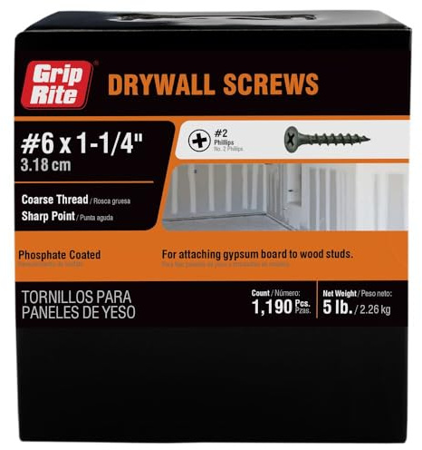 Grip-Rite 114CDWS5#6 X 1-1/4 Phillips Bugle Head Coarse Thread Sharp Point Drywall Screw, 5lb Box