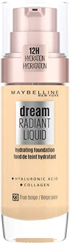 Maybelline Foundation, Dream Radiant Liquid Hydrating Foundation with Hyaluronic Acid and Collagen - Lightweight, Medium Coverage Up to 12 Hour Hydration, 23 True Beige