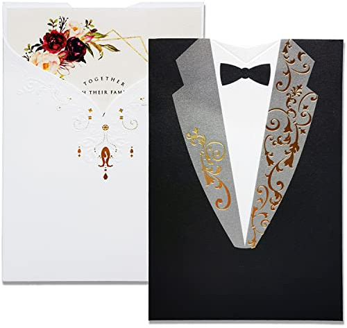 FLZOPYNE 50X Biglietti Di Inviti Per Matrimonio Kit Bianco e Nero Abito Da Sera Carta Cartoncino Fidanzamento Matrimonio Sposa Doccia Inviti Feste Con Buste e Sigilli CW2011