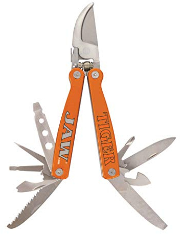 TIGER JAW P10 Multi 10-in-1 Tool Pocket Hand Bypass Pruner Snips, 10 tools plus a Sheath, 2 screwdriver sizes, awl, tab lift, bottle opener, saw, knife, philip screwdriver