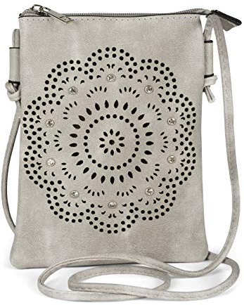 styleBREAKER Mini Bolso de hombro de las señoras con las flores patrón de corte y diamantes de imitación, bolsa de hombro, bolso 02012367, color:Gris-claro