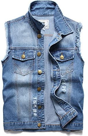 JUDIGODR Denim Vest Men Lapel Sleeveless Slim Fit Retro Ripped Casual Jean Vest for Men's (XL，Lightblue 813)