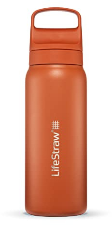 LifeStraw Go Series — Insulated Stainless Steel Water Filter Bottle for Travel and Everyday Use Removes Bacteria, Parasites and Microplastics, Improves Taste, 24oz Kyoto Orange