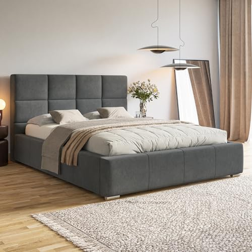 MOTIVENA Luna Bett 200x200 Grau Samt, mit Stauraum, mit Kopfteil, mit Lattenrost, mit Füßen, ohne Matratze, Polsterbett 200x200 mit Bettkasten Grau (Anthrazit)