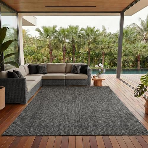 Outdoor Teppich Wetterfest Einfarbiges Design Terrasse Balkon Teppich Küche Garten Sisal-Look Küchenteppich Läufer Flur, Größe: 280 x 370 cm, Farbe: Schwarz