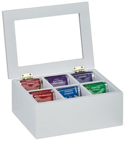 Relaxdays Teebox, 6 Fächer, Bambus, HBT: 9x21,5x16 cm, für Tee & Kaffeepads, Teekasten mit Deckel, staubgeschützt, weiß