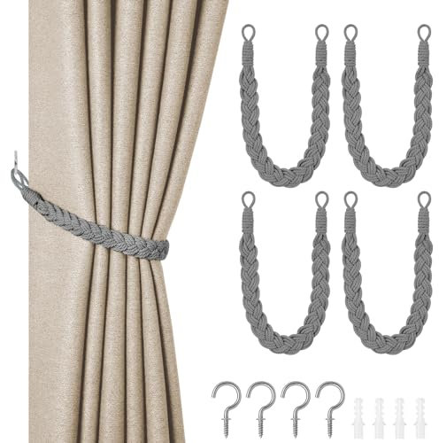 HOTUT Natural Cotton Rope Curtain Tiebacks, 4 Pack Hand Knitting Curtains Tied Rope, Elegant Boho Style Decorative Drape Tie Soft Rope Curtain Holdbacks with Metal Hook for Home & Office, Grey