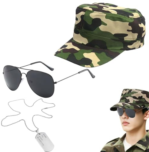 Dinghaole 3 pièces Déguisement militaire - Costume de pilote militaire militaire avec chapeau camouflage, lunettes de soleil et plaque d'identité pour adulte - Parfait pour cosplay, Halloween