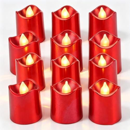 12 Pièces Bougies à Piles, Bougies Rouges Sans Flamme Vacillantes, Bougies Sans Flamme, Bougies Chauffe-plat LED à Piles, Bougies Chauffe-plat Rouges Pour la Saint-Valentin, Fête De Vacances, Décorati