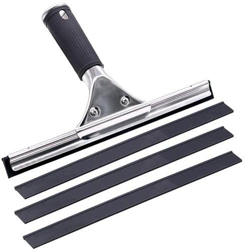 TETEWEVER 30cm Limpiacristales Ducha Profesional con 3 Cuchilla de Silicona de Repuesto, Escobilla de Goma para Ventana de Acero Inoxidable para Limpiar y Secar Vidrio, Azulejos, Ventanas