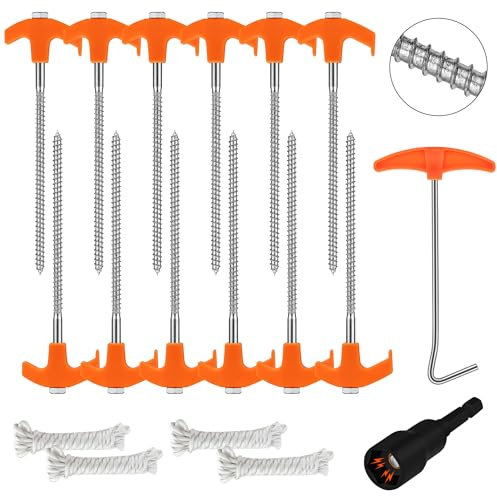 Tent Pegs Metal Heavy Duty 12-Pack – Galvanised Steel Tent Pegs, Ground Pegs Heavy Duty with Ropes & T-Pull Hook, Camping Pegs & Garden Pegs for Tents, Gazebos, Tarps & Outdoor Use