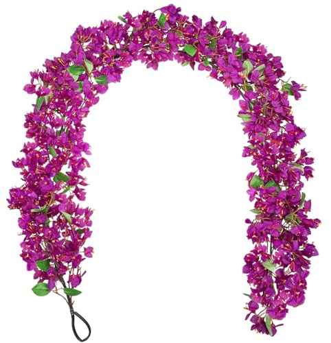 Guirnalda de buganvillas artificiales de 180 cm – Flores artificiales moradas colgantes con ganchos – Flores decorativas para decoración de boda, decoración de pared, balcón, jardín, interior y