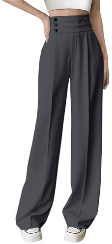 Betusline Women's High Waist Dress Pants Business Side Button Work Wide Leg Pants Straight Leg Trousers, Grey, Medium