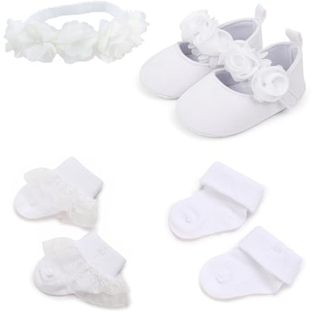 TJCONETJC Baby Girl Baptism Dressup Accessories White Christening Socks Shoes Headband Outfits Christening Baptism Gift 4 Pcs (Style2, 6-12m)