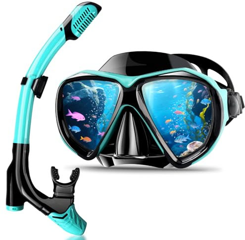 Schnorchelset für Erwachsene und Kinder, Schnorcheln Set mit Dry Schnorchel und Taucherbrille,180°Anti-Leck Anti-Fog Taucherbrille mit Nase für Schnorcheln, Schwimmen und Tauchen (Zyan)