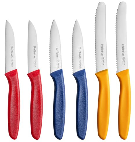 Ruffulon Paring Knives,Set of 6,Fruit Knife Small,Premium Vegetable Knives,Small Kitchen Knife&Peeling Fruit,Straight Edge&Serrated Knifes,Orange&Blue&Red Paring Knife,Dishwasher Safe