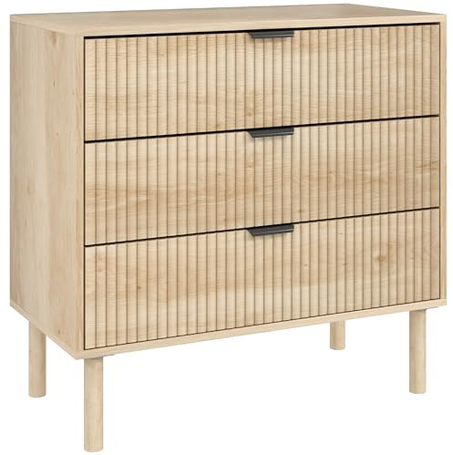 HOMCOM Cómoda con 3 Cajones Cómoda de Dormitorio Estilo Nórdico con Sistema Anti-vuelco Frentes con Paneles Acanalados y Tiradores Metálicos Cajonera para Salón Pasillo 80x40x77,5 cm Roble