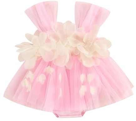 WWAYBEI Baby Girl Summer Princess Romper Dress Newborn Sleeveless 3D Flower Jumpsuit Tutu Tulle Dress First Birthday Outfit (Pink, 12-18 Months)