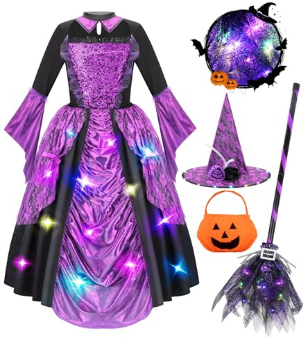 Meland Witch Costume for Girls - Light up Halloween Costumes for Kids Girl Dress up, Witch Dress for Toddler Girls Ages 3-10