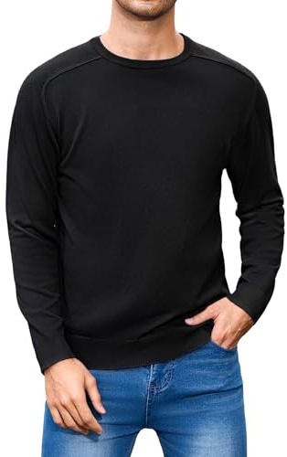 iClosam Pull Homme à Manches Longues Pull Col Rond pour Homme Coton Sweater tricoté Noir L