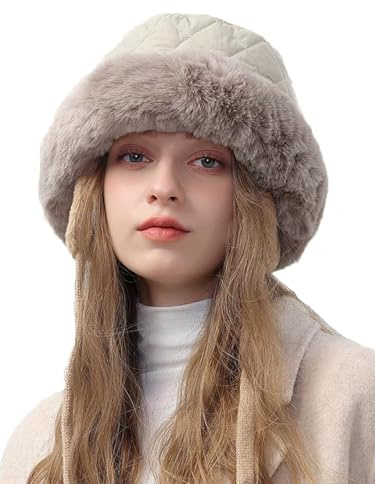 JFAN Sombrero de Pescador Invierno para Mujere Gorro Pescador con Cordón Orejeras Forro Felpa Cálido Bucket Hat,Beige