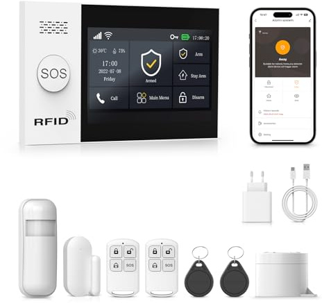 PGST GSM + WiFi Alarmanlage Haus mit 4.3 Touch Screen, Kein Vertrag Smart Komplettsysteme mit APP/SMS/Telefonanruf Alarm 8 Stück, 110dB Host, Bewegungsmelder, Tür/Fenster Sensoren, Fernbedienungen