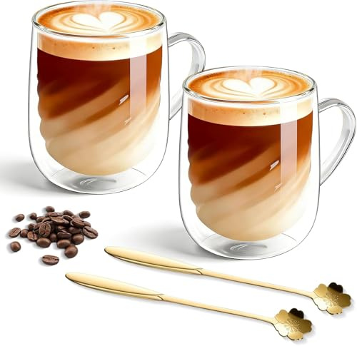 FARYODI Latte macchiato kaffeglas set om 2, 350 ml kaffeglas med dubbla väggar med skedar, termoglas för cappuccino, espresso, te, mjölk, öl