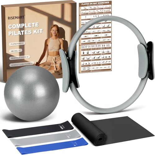 RISEMART Pilates Kit 9Pcs Home Pilates Set with 13'' Ring, 8'' Ball and 4 Resistance Bands for Women & Men, Pilates Workout Equipment Set for Beginners with Professional Pose Guides & Tote Bag
