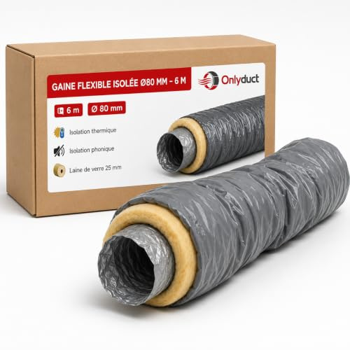 Onlyduct - Tubo de aire y ventilación VMC aislado diámetro 80 mm 6 m – Aislante lana de vidrio 25 mm – Sin ftalato – Conducto de PVC de vinilo flexible Vmc simple y doble flujo – Calidad europea