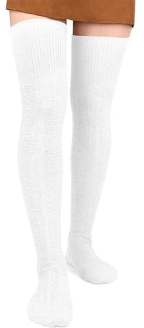 Moon Wood Women Thigh High Socks Extra Long Cotton Knit Warm Thick Tall Long Boot Stockings Leg Warmers (1 White, One Size)