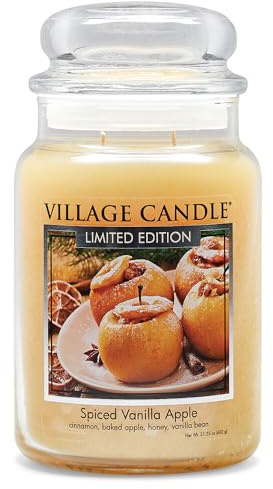 Village Candle Spiced Vanilla Apple, Large Glass Apothecary Jar Scented Candle, 21.25 oz, Ivory