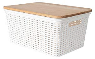 Rival Korb Rattan Design klein, mit Holzdeckel, weiß, 28 x 20 x 14 cm
