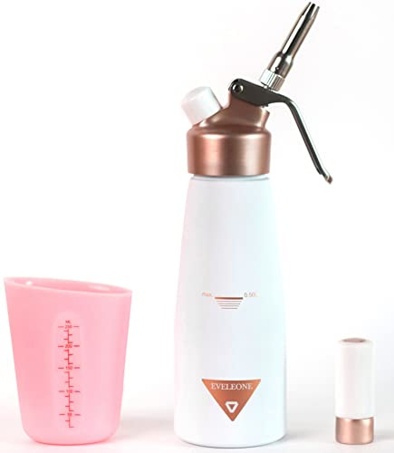Eveleone Durable Whipped Cream Dispenser with Stainless Steel holder and nozzles – Cream Maker Canister with 500 ml Silicone Measuring Cup and Cleaning Brush – (N2O charger not included)