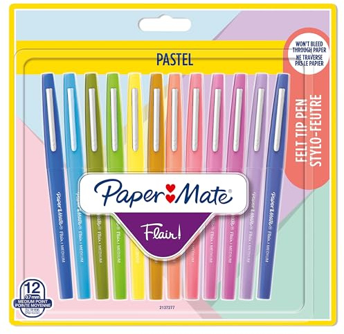 Paper Mate Flair filtspetspennor | Mediumspets (0,7 mm) | Pastellfärger | 12 stycken