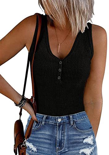 MEROKEETY Womens Ribbed Tank Top Bodysuits Summer Body Suit Black S