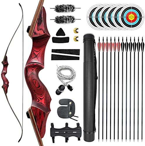 OUBOTER 60 Zoll Black Hunter Recurvebogen 20-60lbs Takedown Recurvebogen Mit 12 Stück Pfeile Und Pfeilköcher Pfeil Und Bogen Erwachsene Für Jagd Im Freien Rechtehand (60LBS)